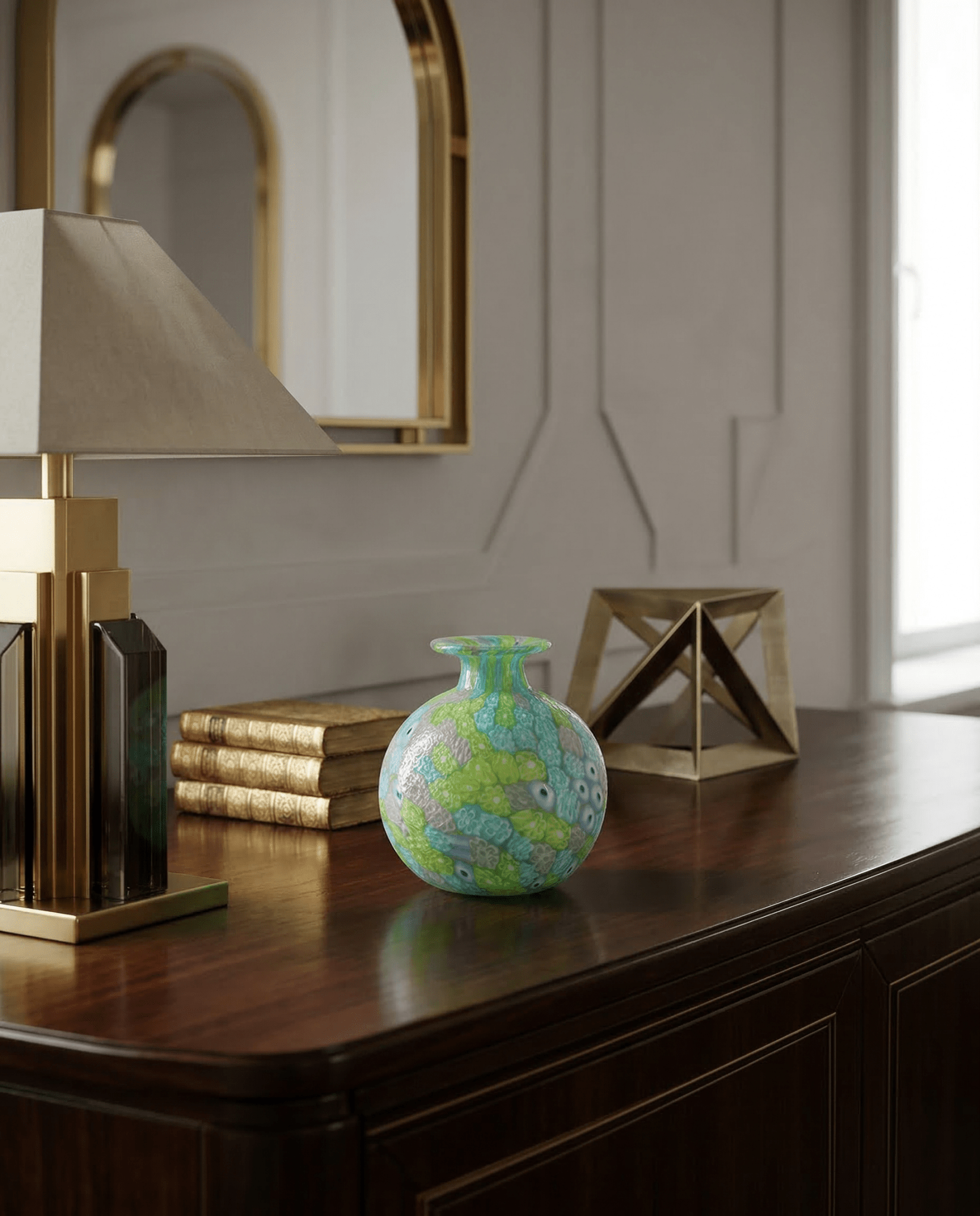 Laguna Fiorita – Murano Glass Spherical Vase with Green , Blue & Pink Floral Murrine