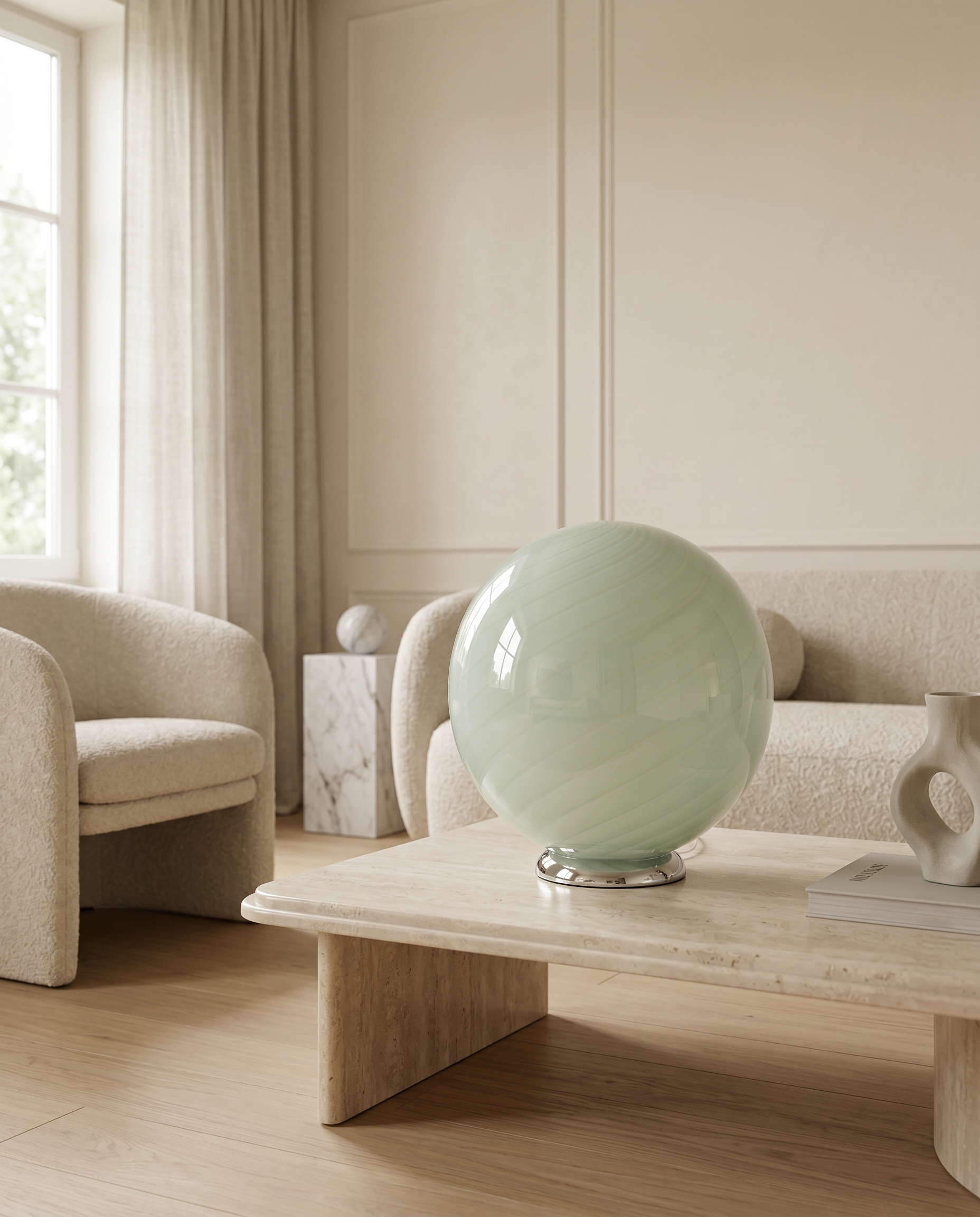 Candy Murano glass sphere table lamp soft sage swirl D40