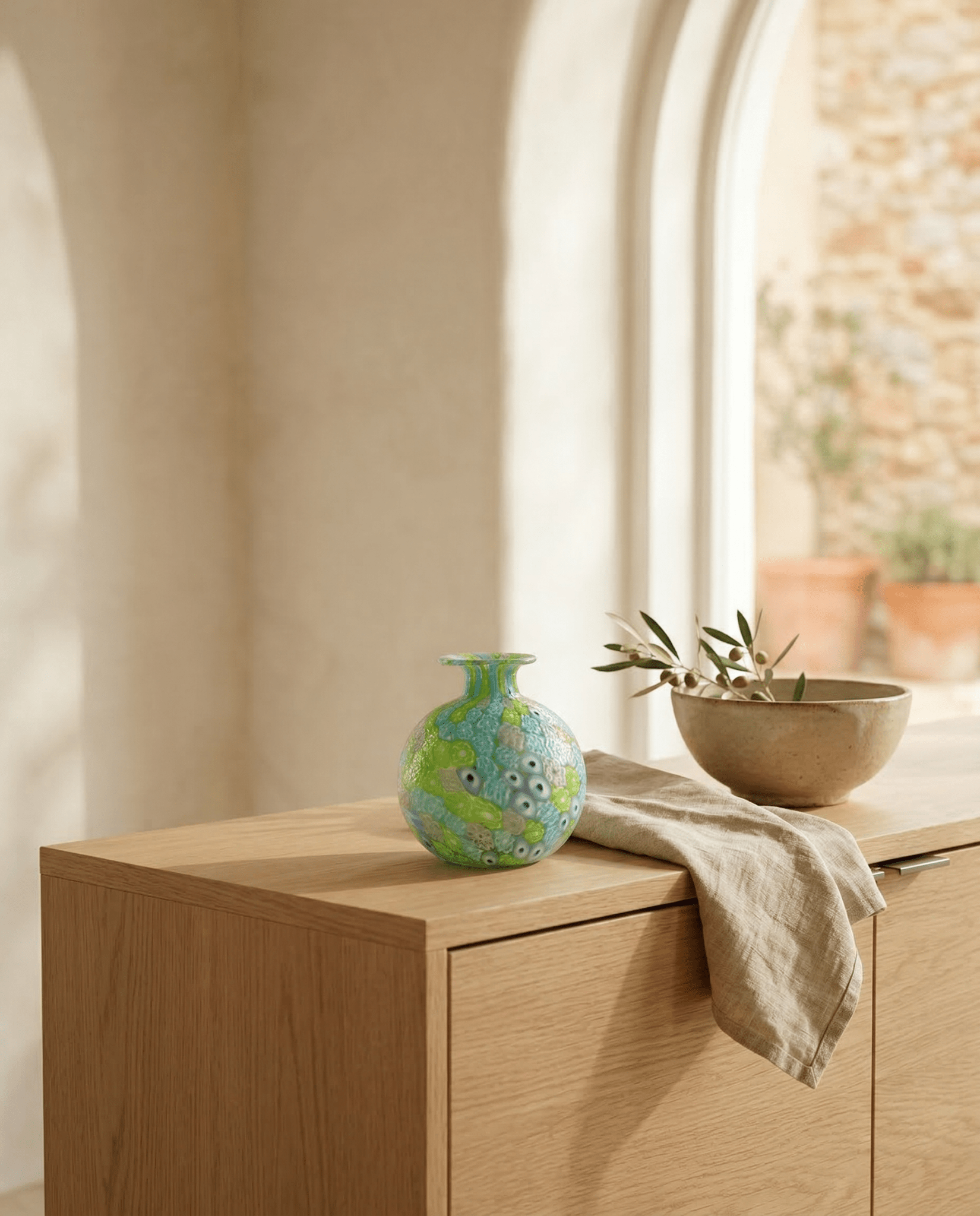 Laguna Fiorita – Murano Glass Spherical Vase with Green , Blue & Pink Floral Murrine