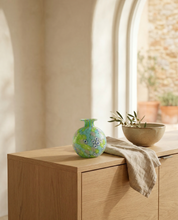 Laguna Fiorita – Murano Glass Spherical Vase with Green , Blue & Pink Floral Murrine