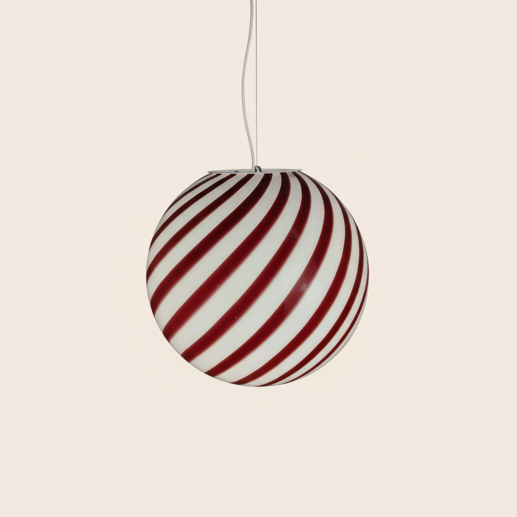 Candy Murano glass sphere pendant lamp Wild Cherry white swirl D40