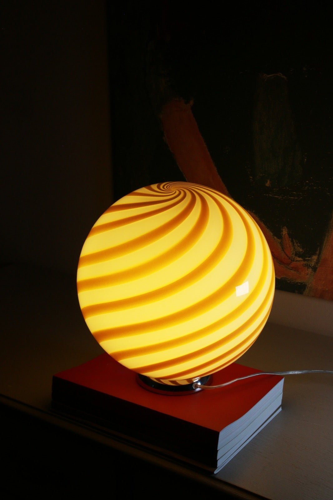 Candy Murano glass sphere table lamp white and yellow swirl D30