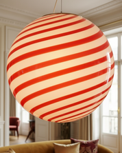 Lampada a sospensione a sfera Candy in vetro di Murano con vortice rosso e bianco D40