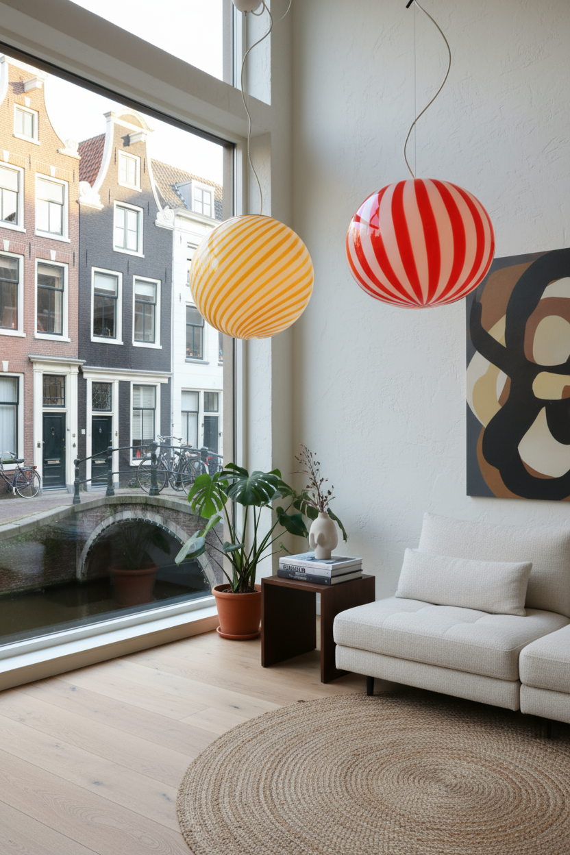 Lampada a sospensione Candy ovale in vetro di Murano rossa e bianca dritta D40