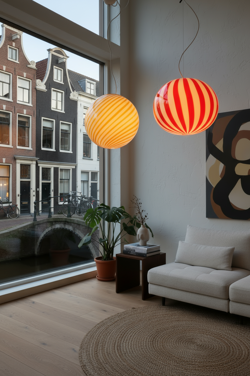 Lampada a sospensione Candy ovale in vetro di Murano rossa e bianca dritta D40