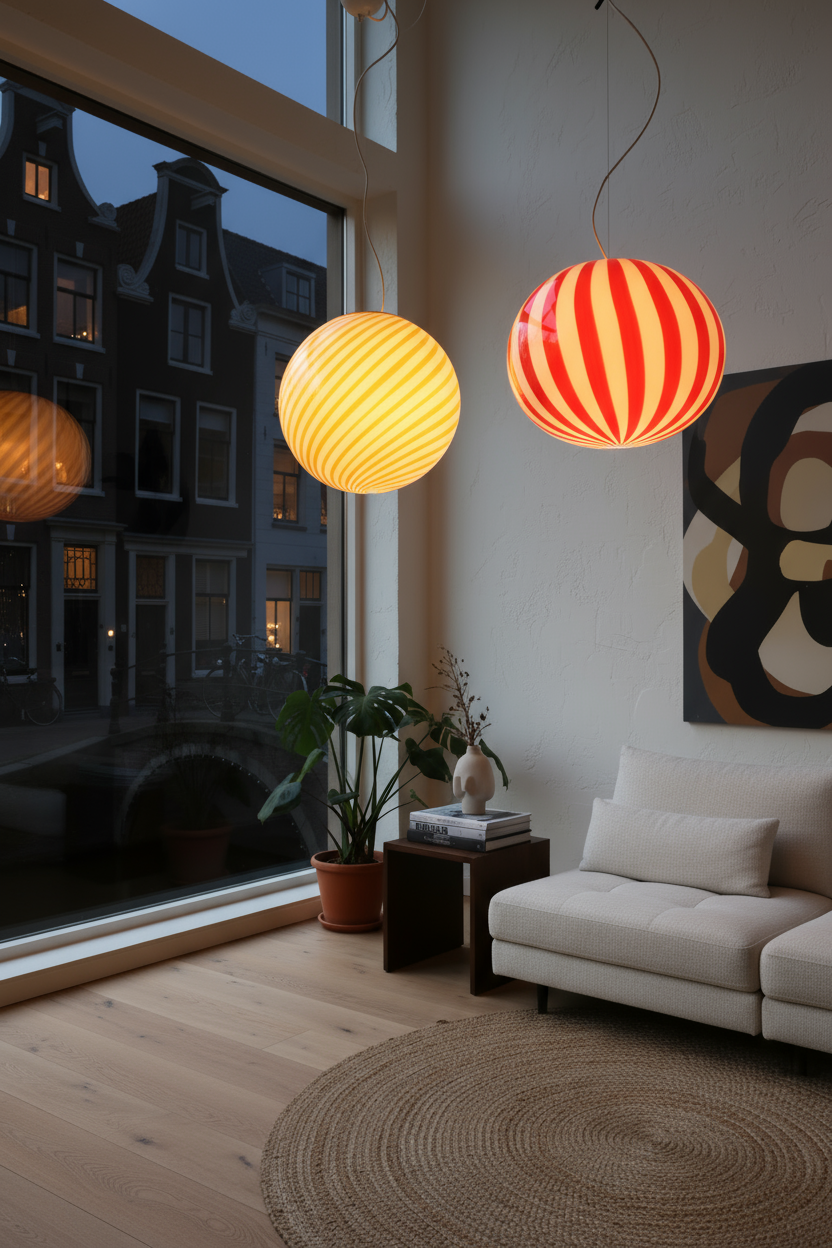 Lampada a sospensione Candy ovale in vetro di Murano rossa e bianca dritta D40