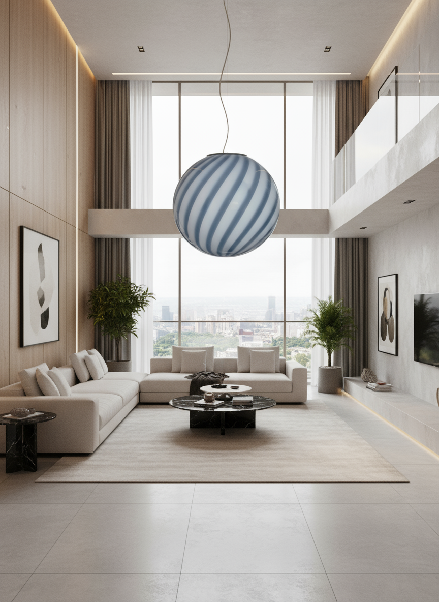 Candy Murano glass sphere pendant lamp blueberry blue swirl D40