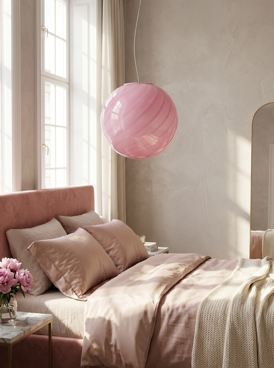 Lampada a sospensione Candy a sfera in vetro di Murano Candy rosa a spirale D40