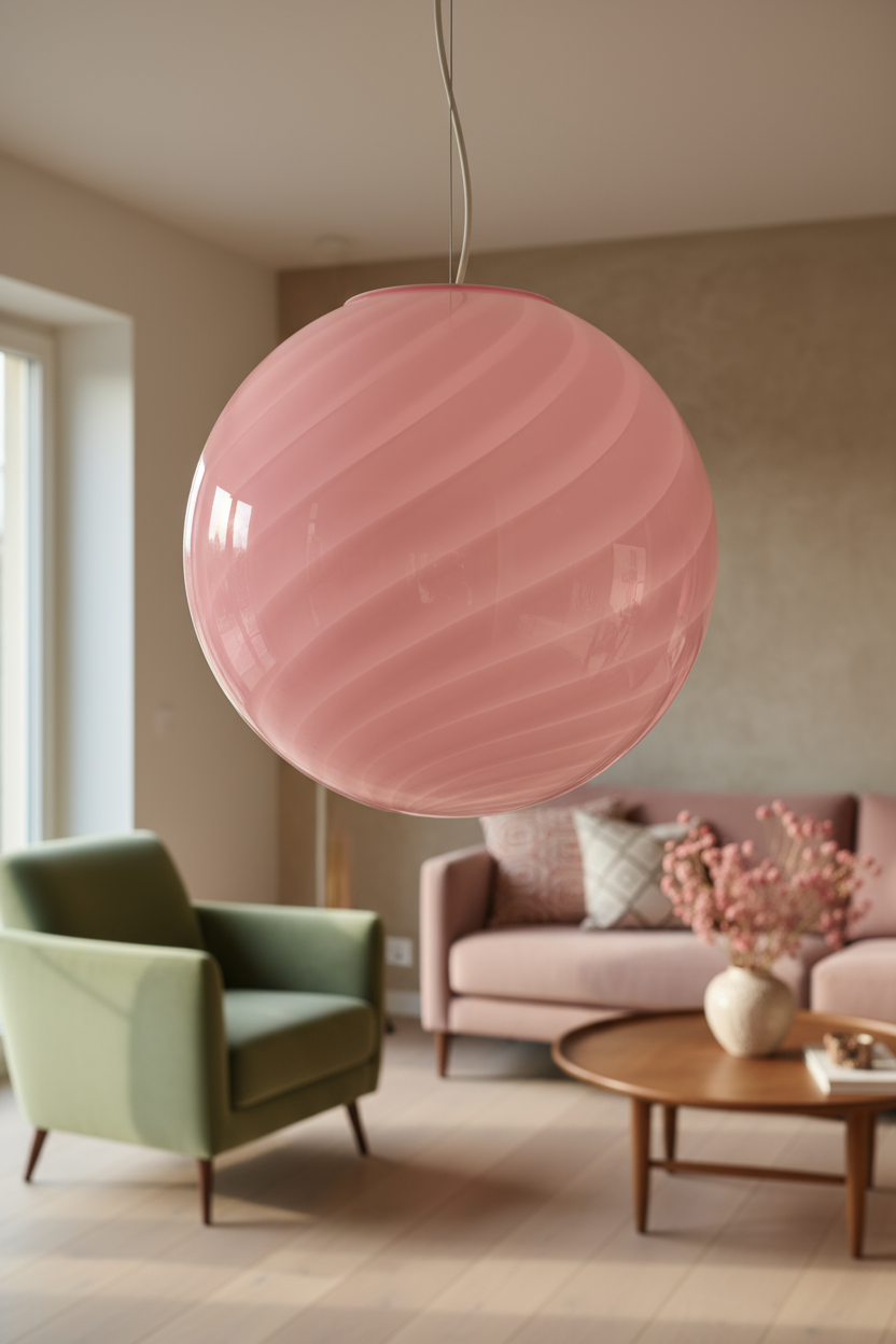 Lampada a sospensione Candy a sfera in vetro di Murano Candy rosa a spirale D40