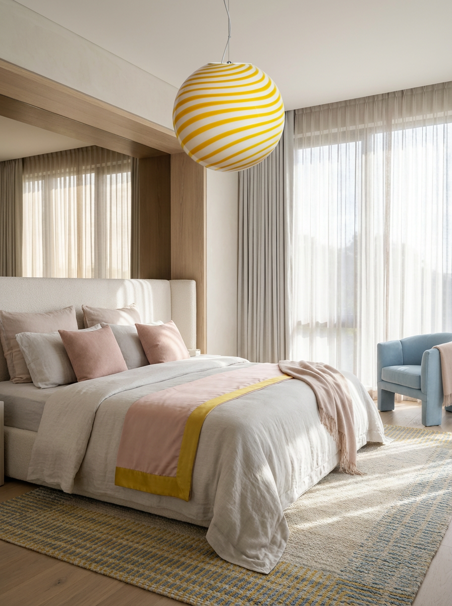 Lampada a sospensione Candy a sfera in vetro di Murano bianco e giallo a spirale D40