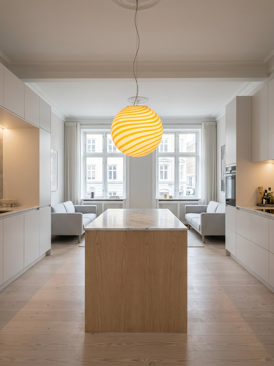 Lampada a sospensione Candy a sfera in vetro di Murano bianco e giallo a spirale D40