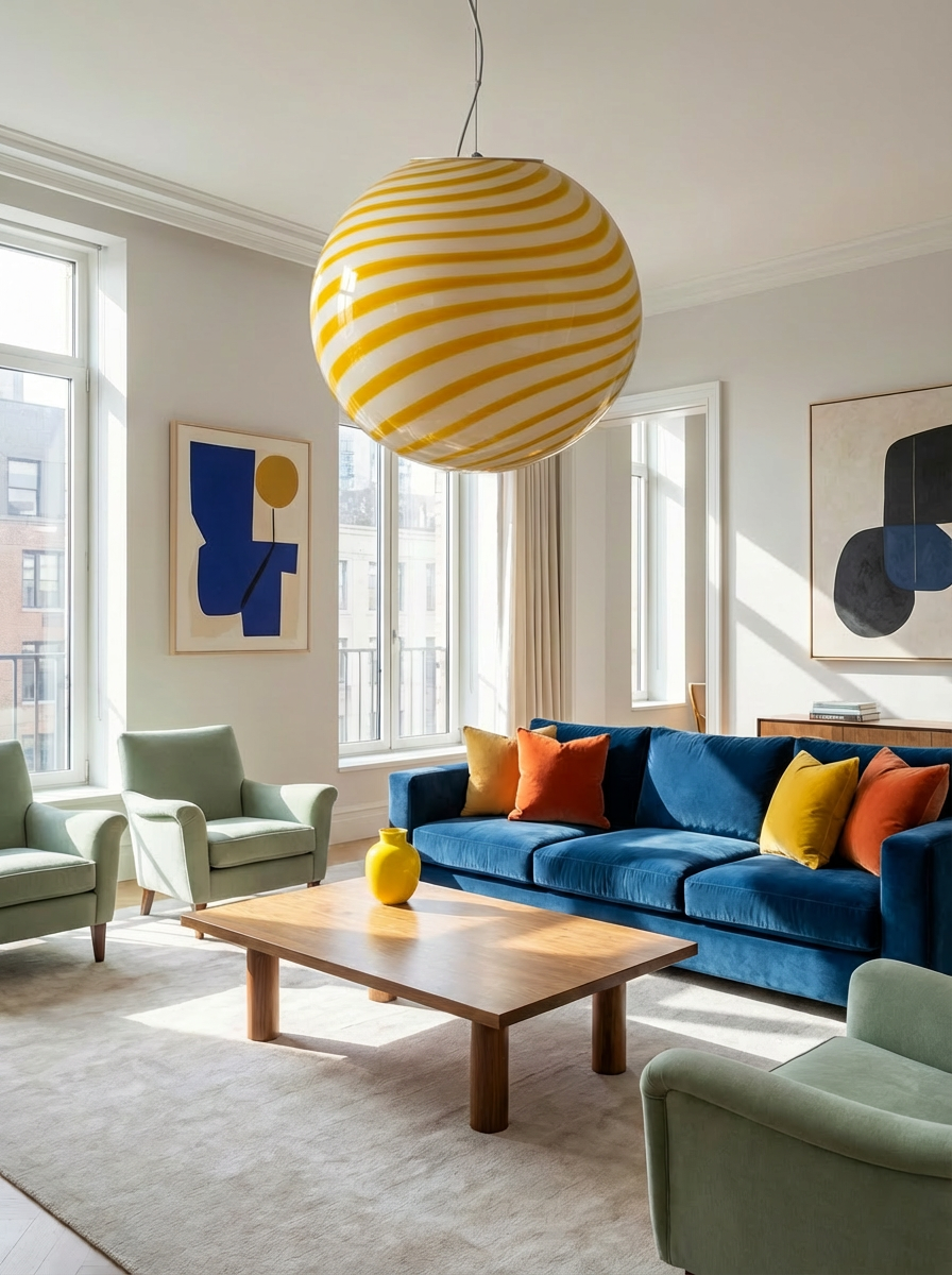 Lampada a sospensione Candy a sfera in vetro di Murano bianco e giallo a spirale D40