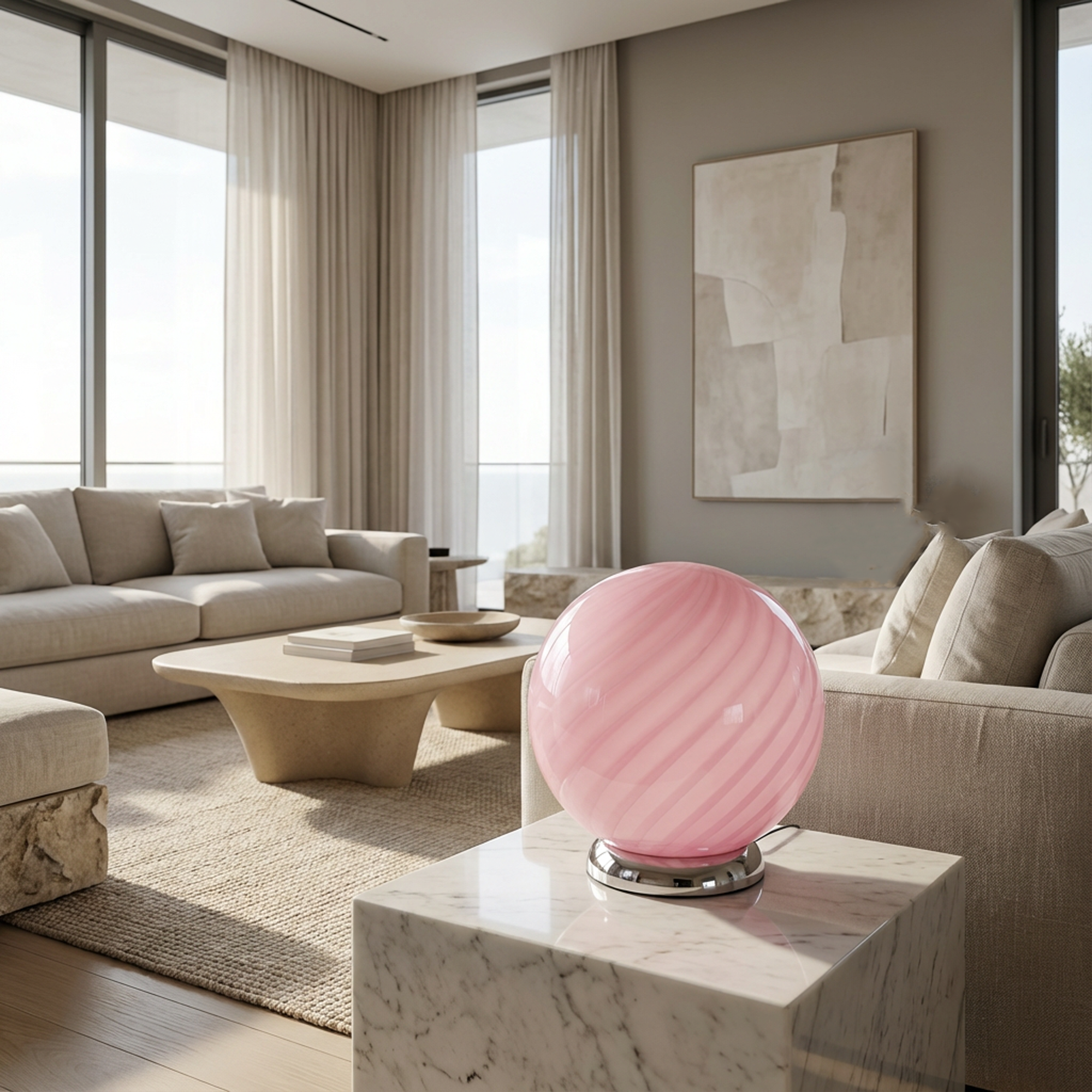 Lampada da tavolo Candy a sfera in vetro di Murano rosa a spirale D20