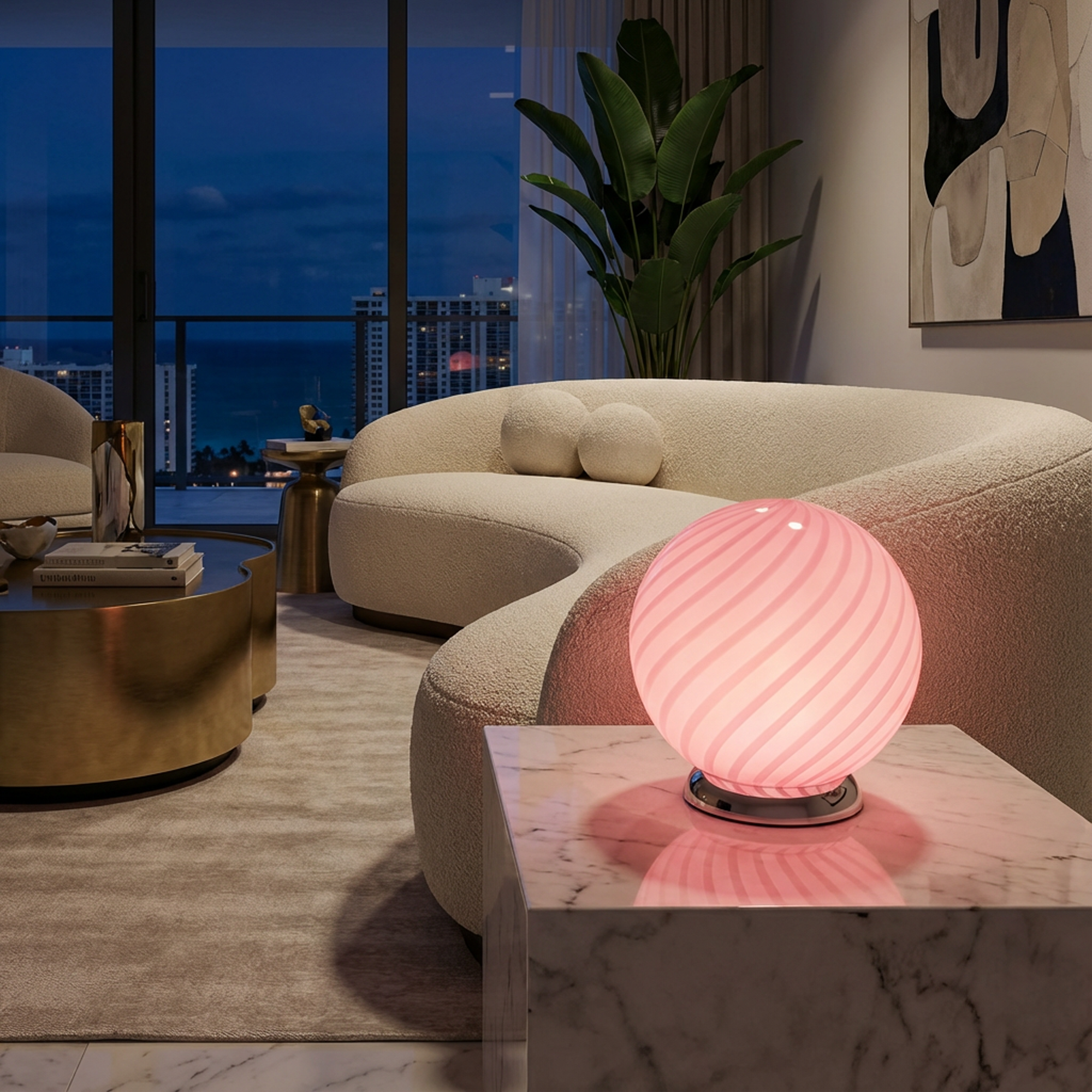 Lampada da tavolo Candy a sfera in vetro di Murano rosa a spirale D20