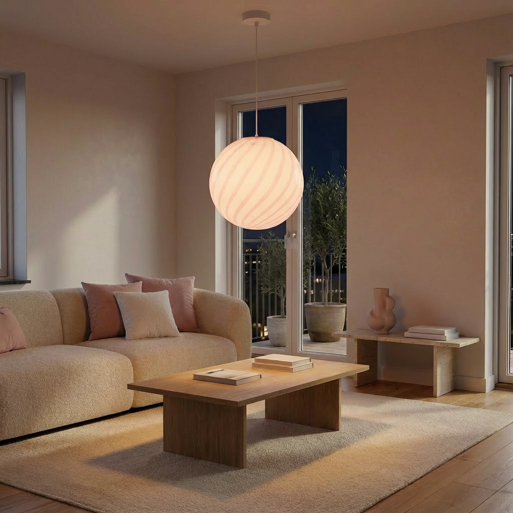 Candy Murano glass sphere pendant lamp marshmellow pink swirl D30