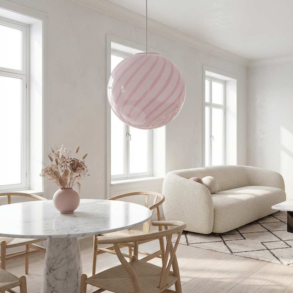 Candy Murano glass sphere pendant lamp marshmellow pink swirl D30