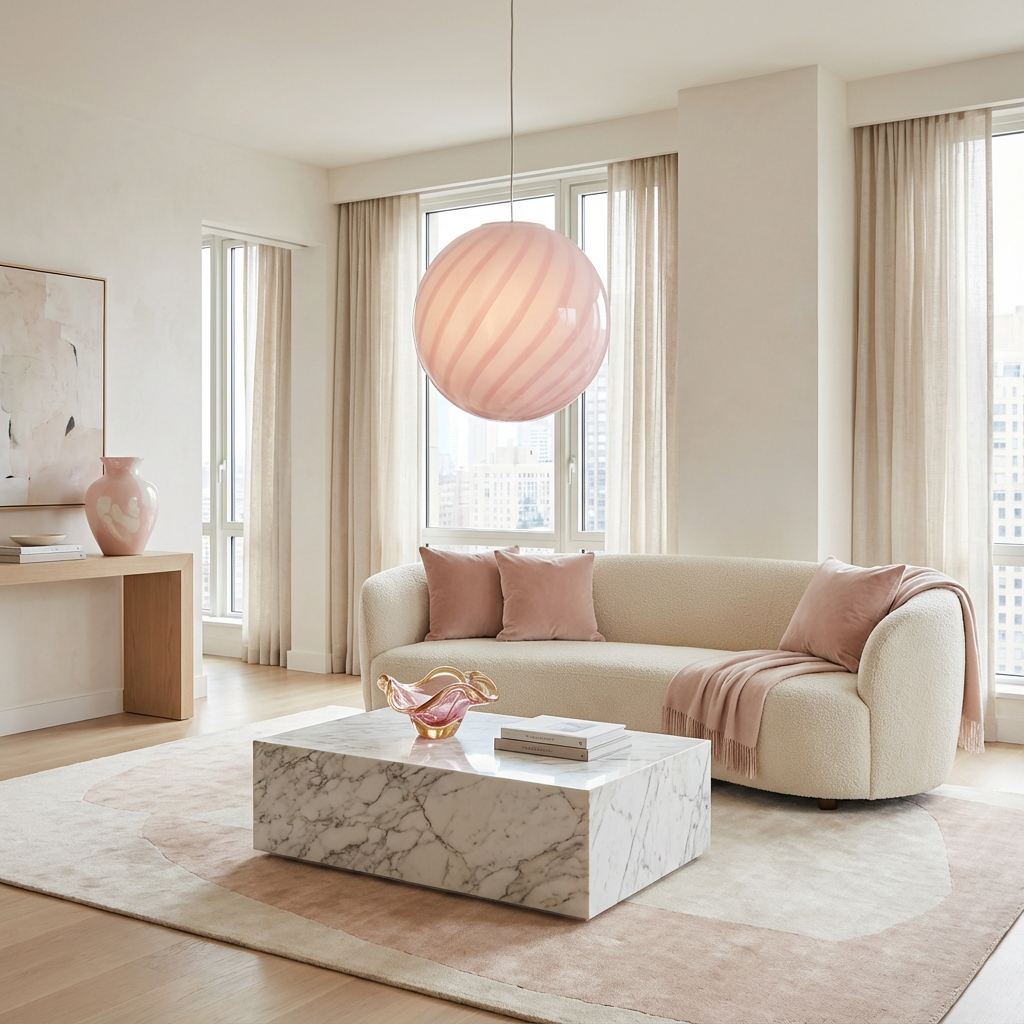 Candy Murano glass sphere pendant lamp marshmellow pink swirl D30