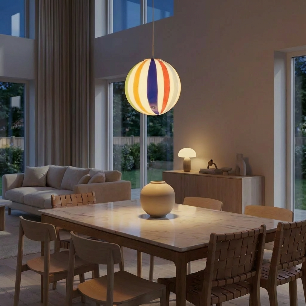 Lampada a sospensione Candy a sfera in vetro di Murano arlecchino dritto D30