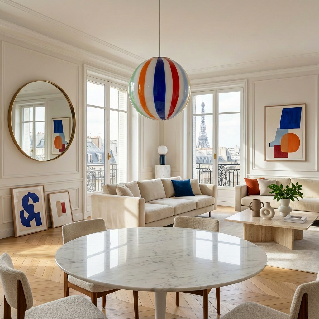 Lampada a sospensione Candy a sfera in vetro di Murano arlecchino dritto D30