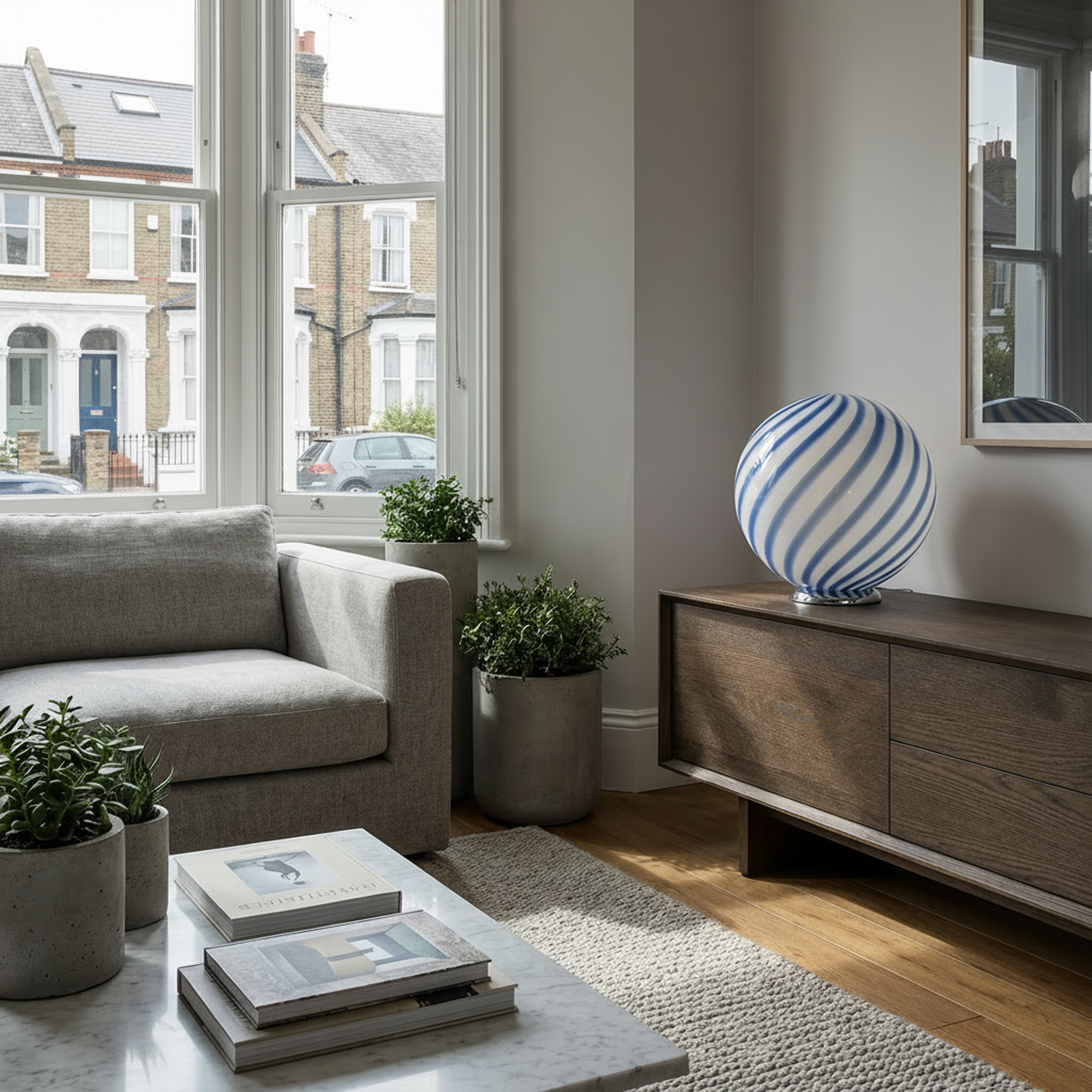 Candy Murano glass sphere table lamp blueberry blue swirl D30