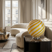 Lampada da tavolo Candy a sfera in vetro di Murano bianco e giallo a spirale D30