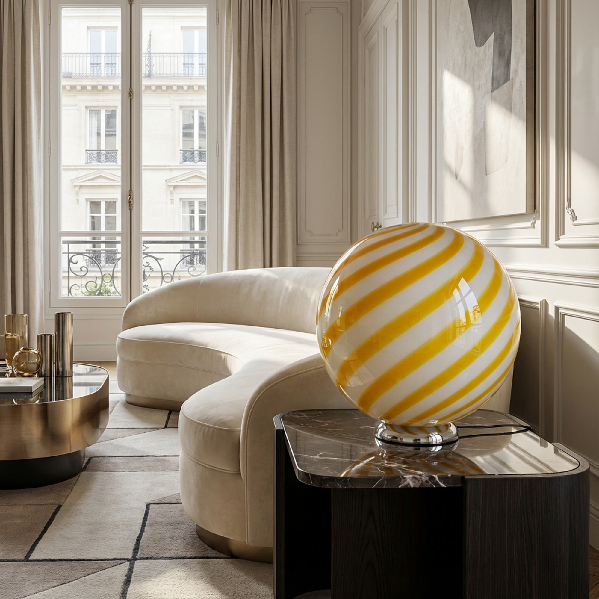 Lampada da tavolo Candy a sfera in vetro di Murano bianco e giallo a spirale D30