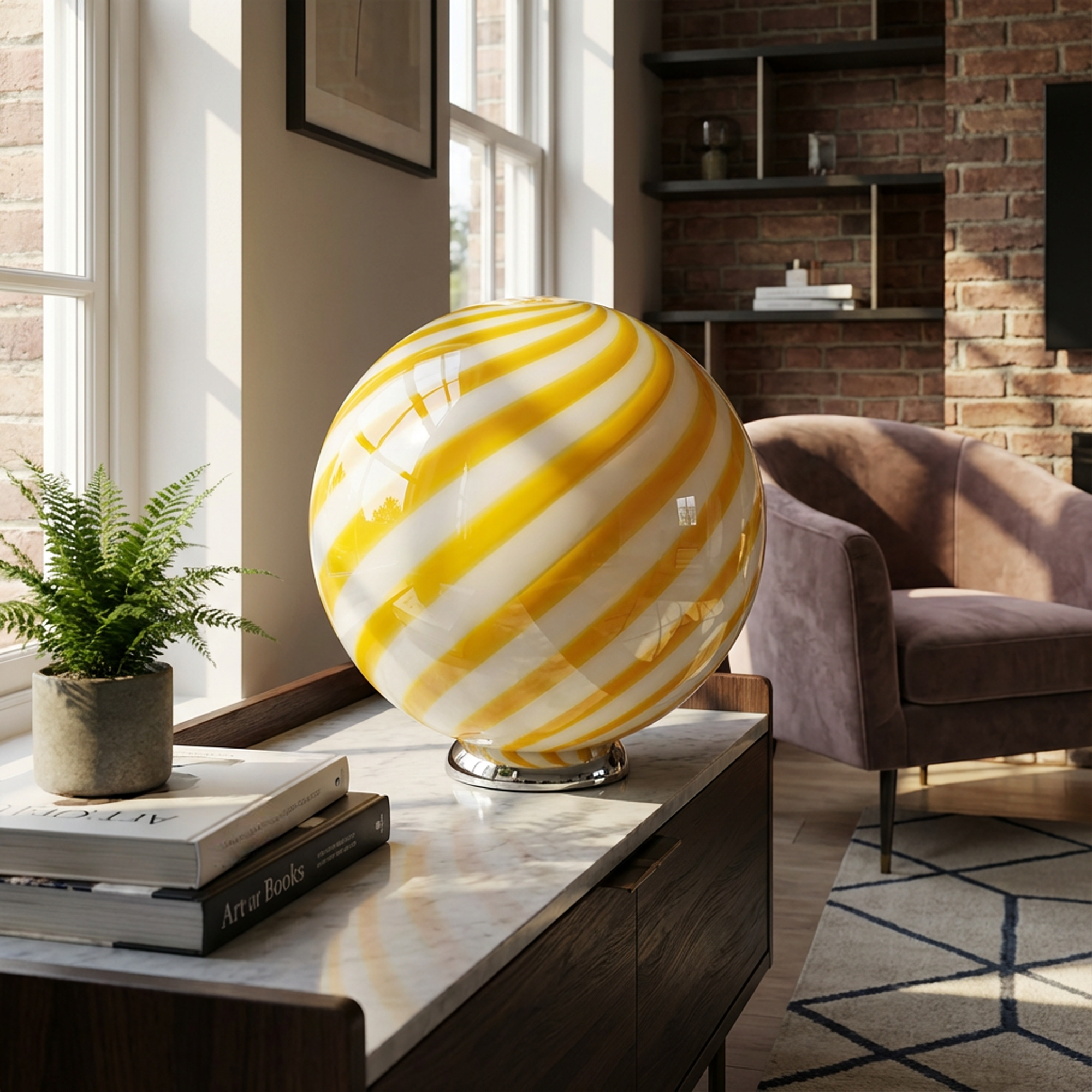 Lampada da tavolo Candy a sfera in vetro di Murano bianco e giallo a spirale D30