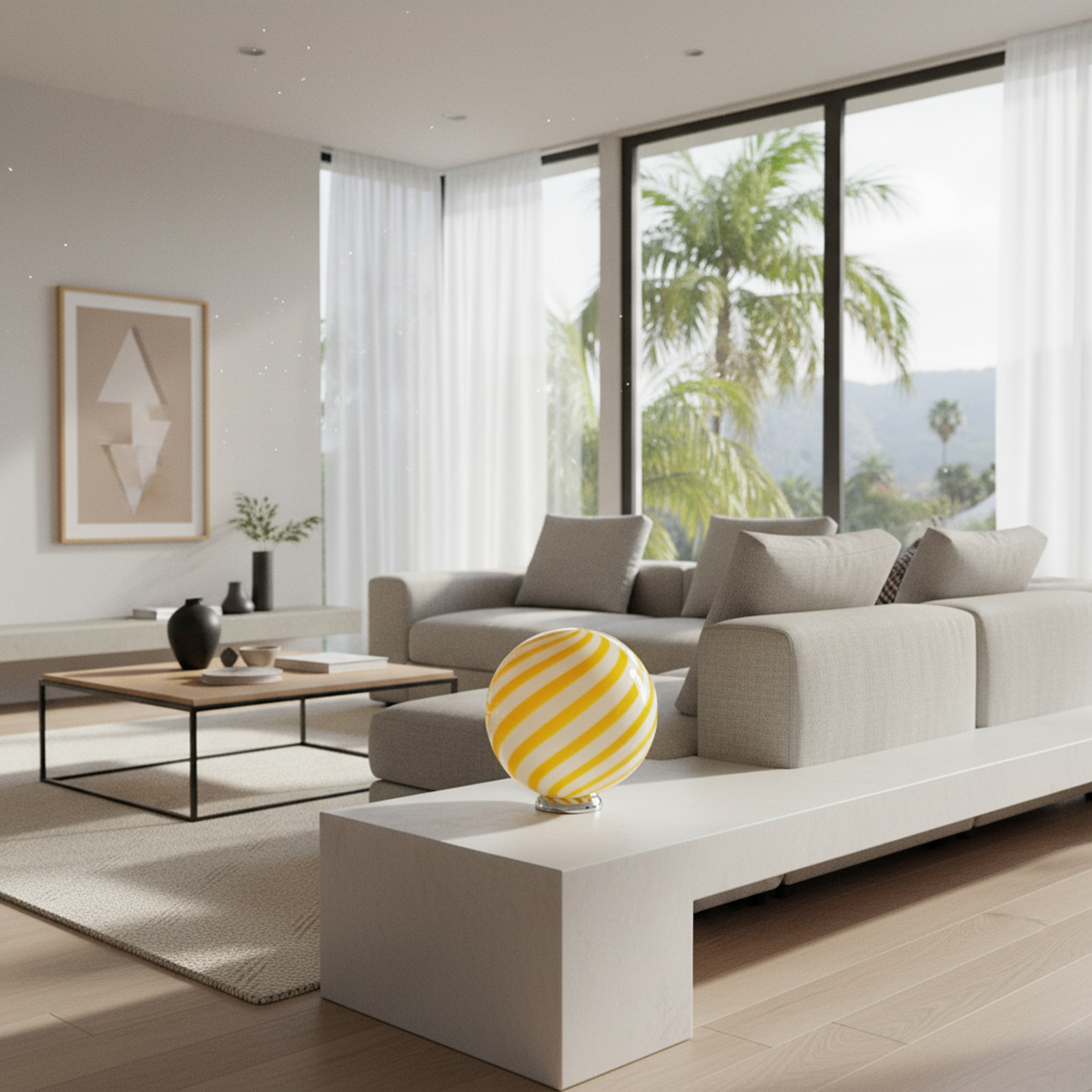 Lampada da tavolo Candy a sfera in vetro di Murano bianco e giallo a spirale D30