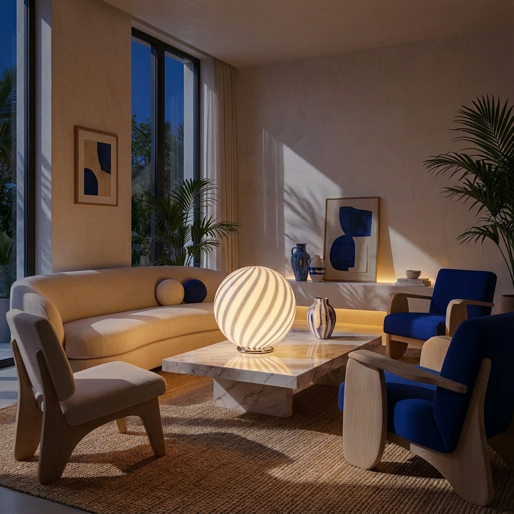 Candy Murano glass sphere table lamp blueberry blue swirl D40