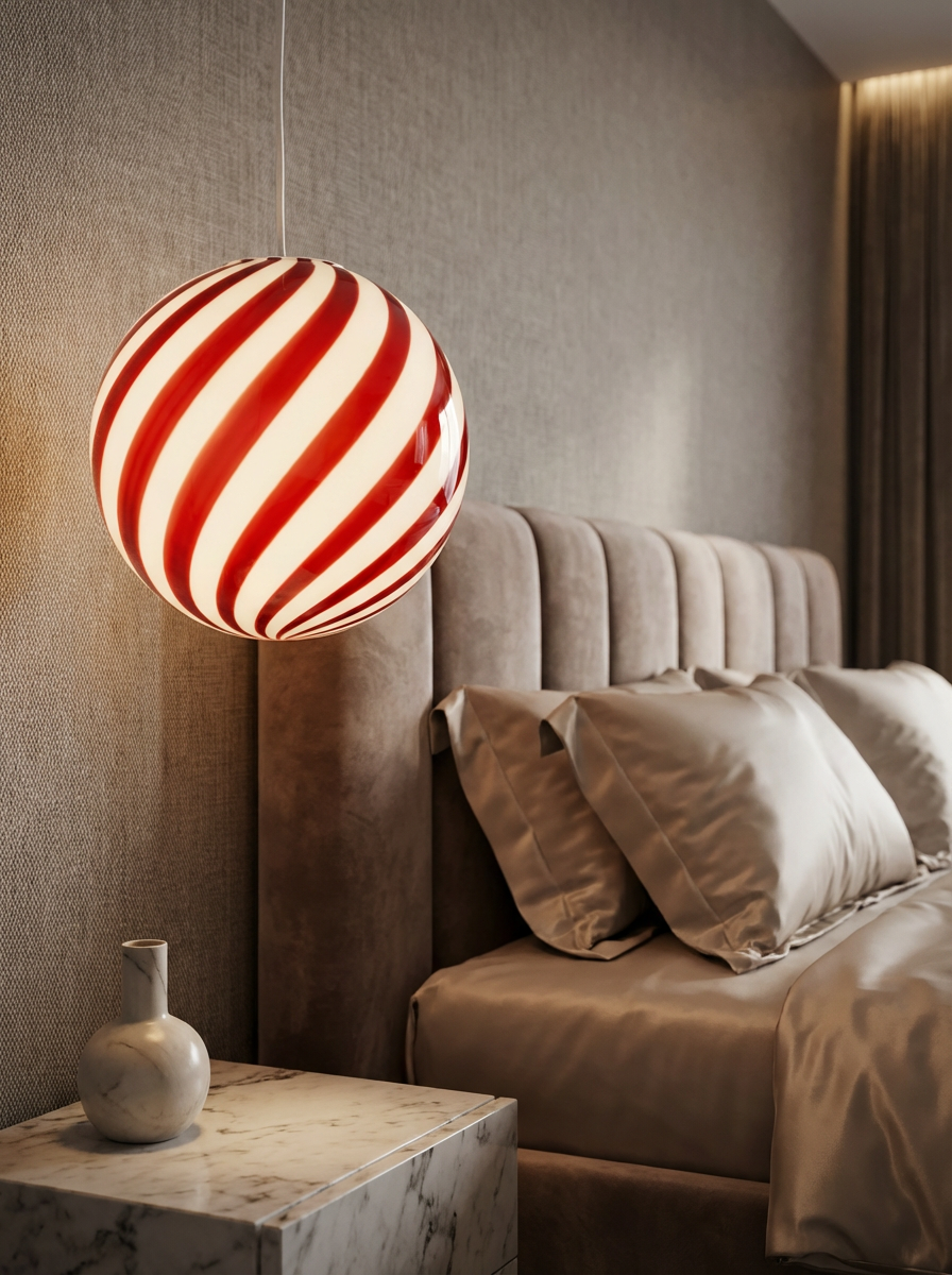 Lampada a sospensione Candy a sfera in vetro di Murano, rosso ciliegia a spirale D30