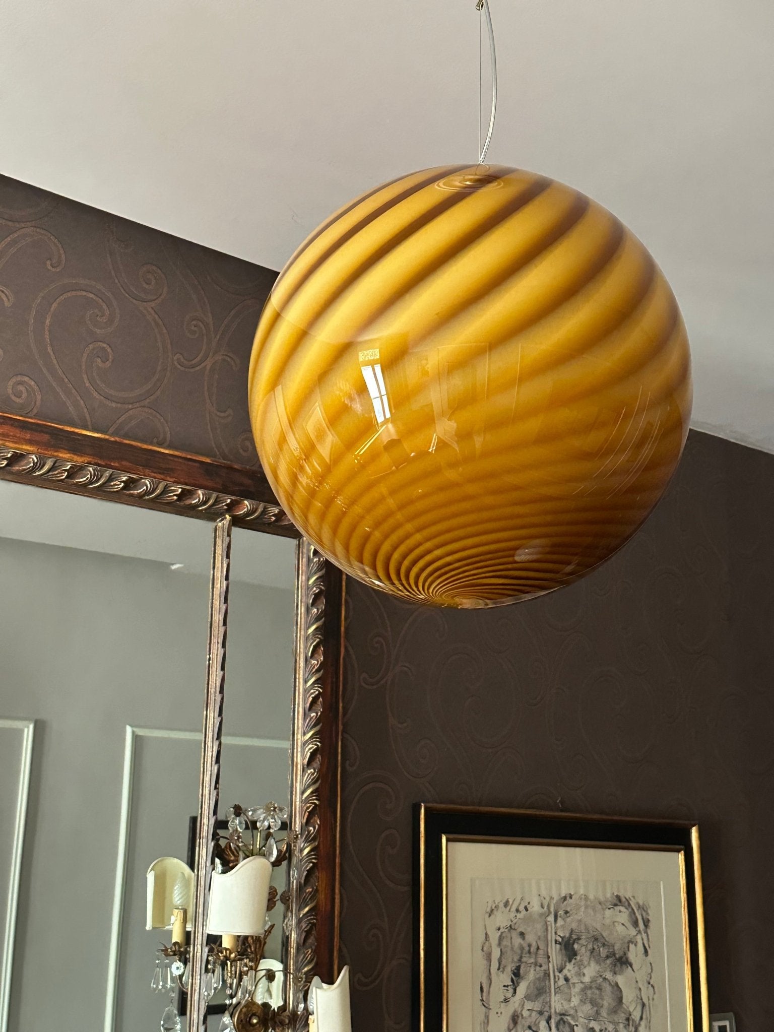 Candy Murano glass sphere pendant lamp honey yellow swirl D40