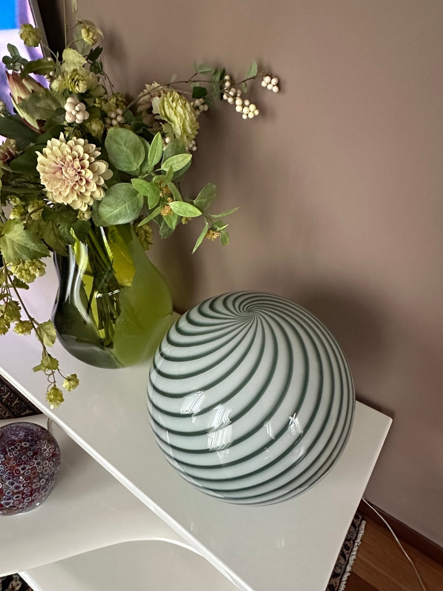Candy Murano glass sphere pendant lamp sage green swirl D40