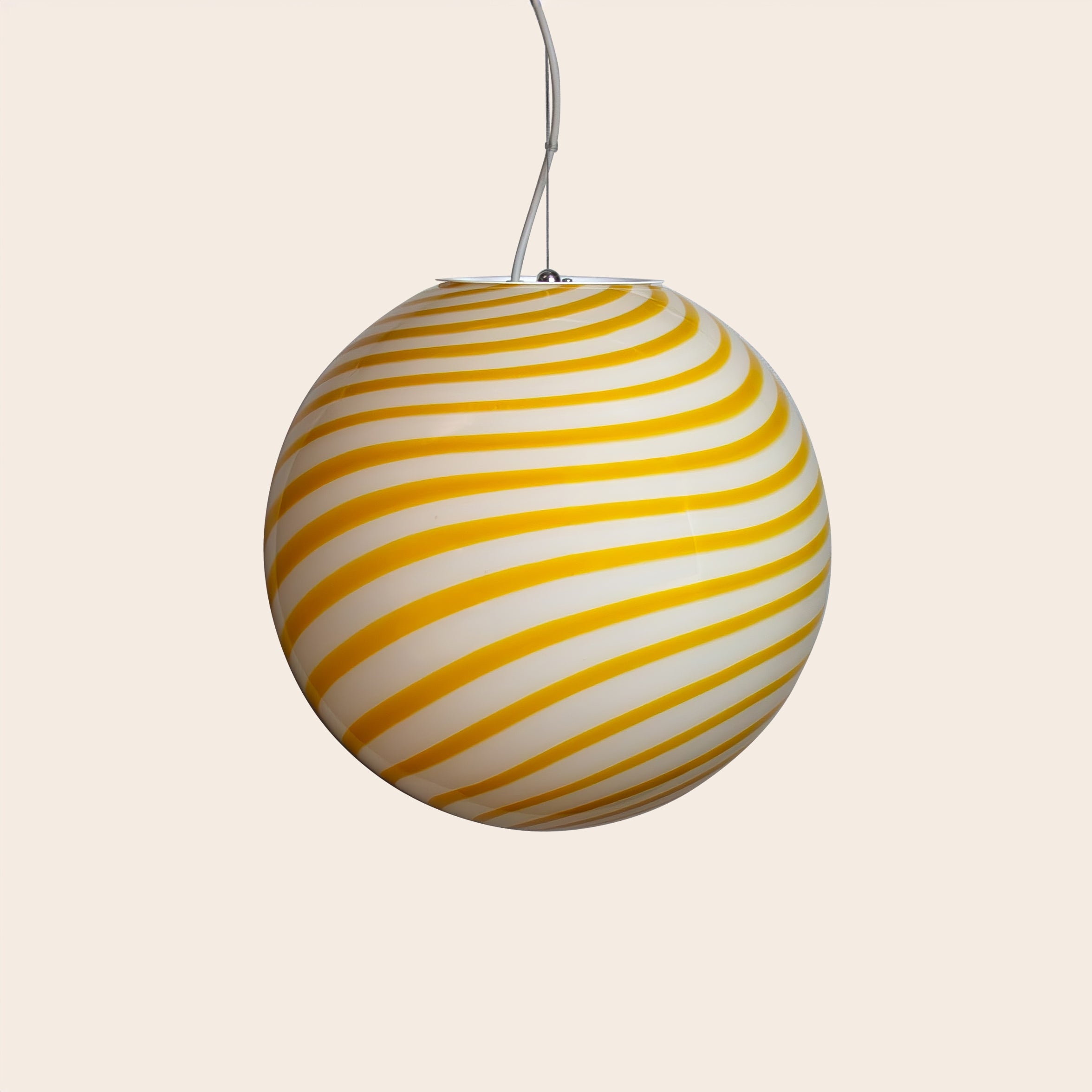 Lampada a sospensione Candy a sfera in vetro di Murano bianco e giallo a spirale D40