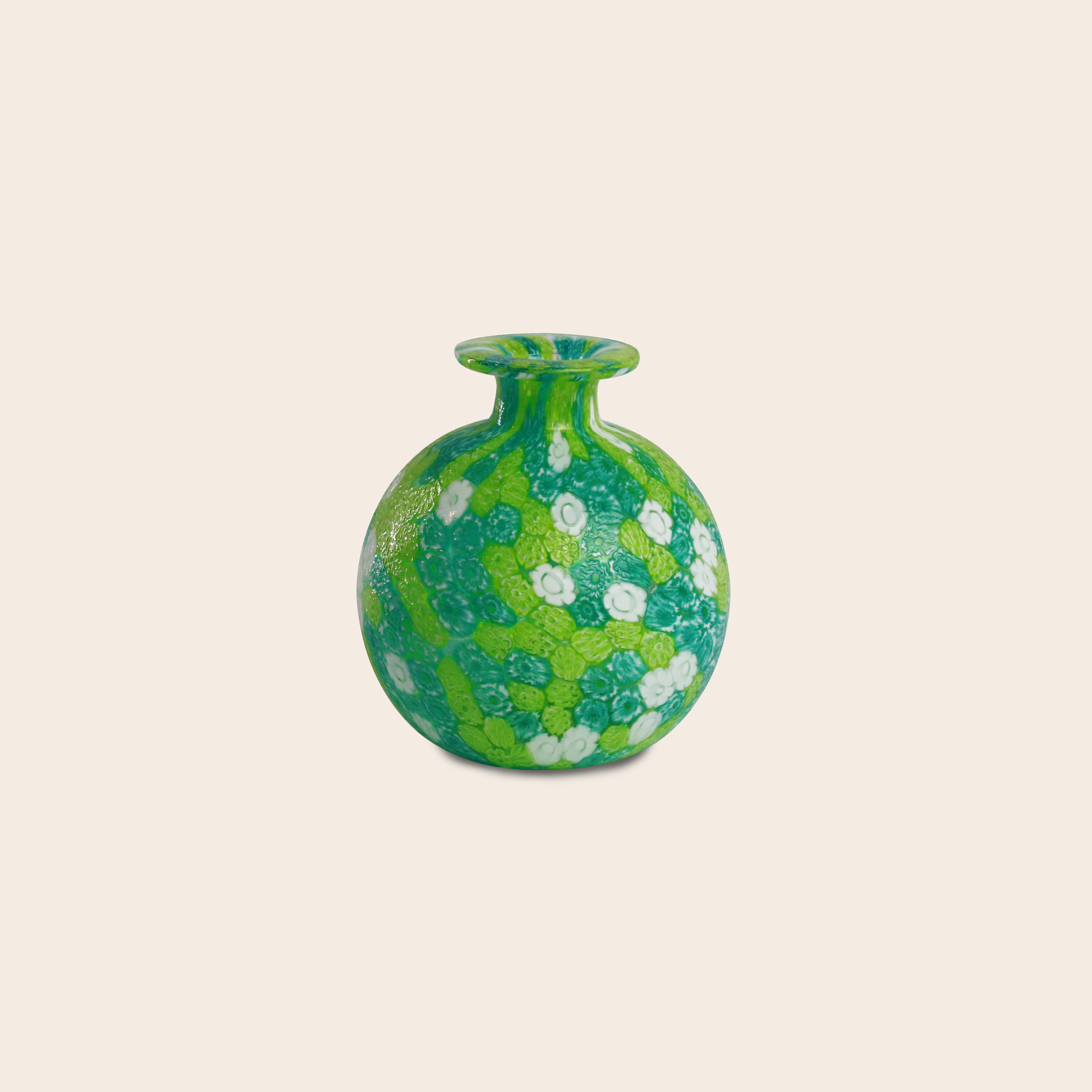 Laguna Fiorita – Vaso sferico in vetro di Murano con murrine floreali verdi