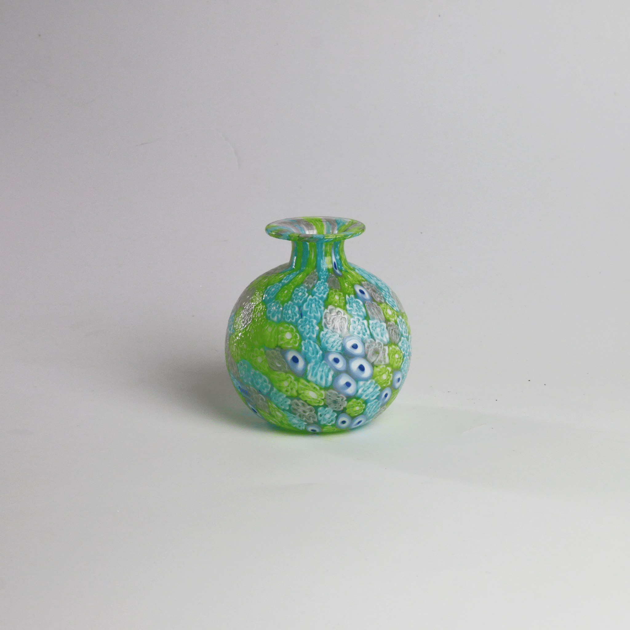 Laguna Fiorita – Murano Glass Spherical Vase with Green , Blue & Pink Floral Murrine