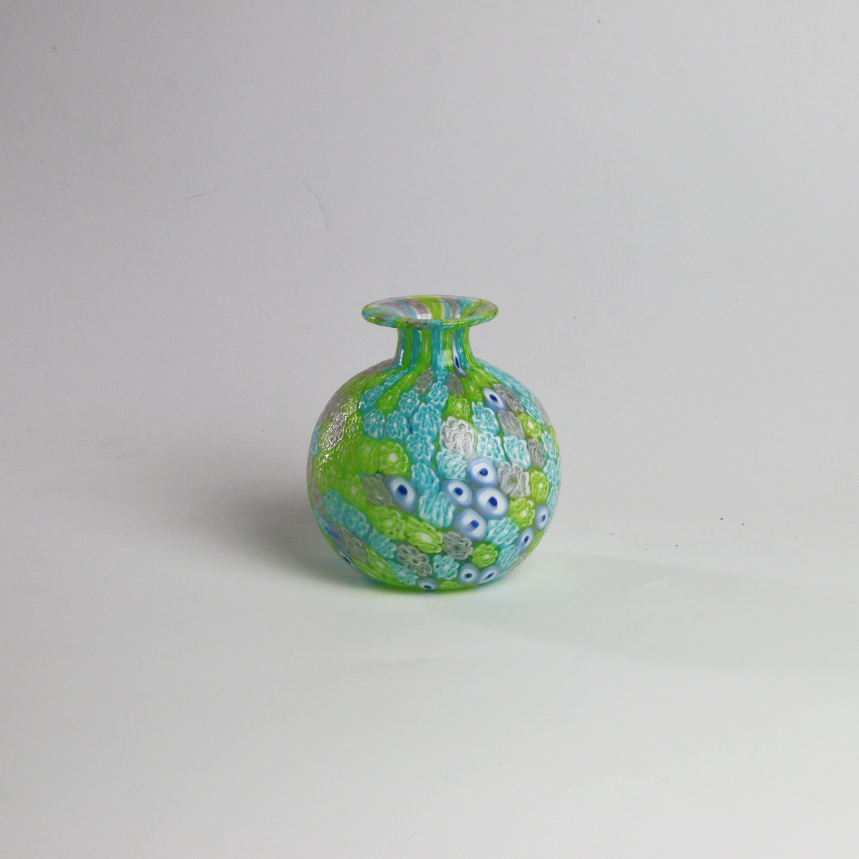Laguna Fiorita – Murano Glass Spherical Vase with Green , Blue & Pink Floral Murrine