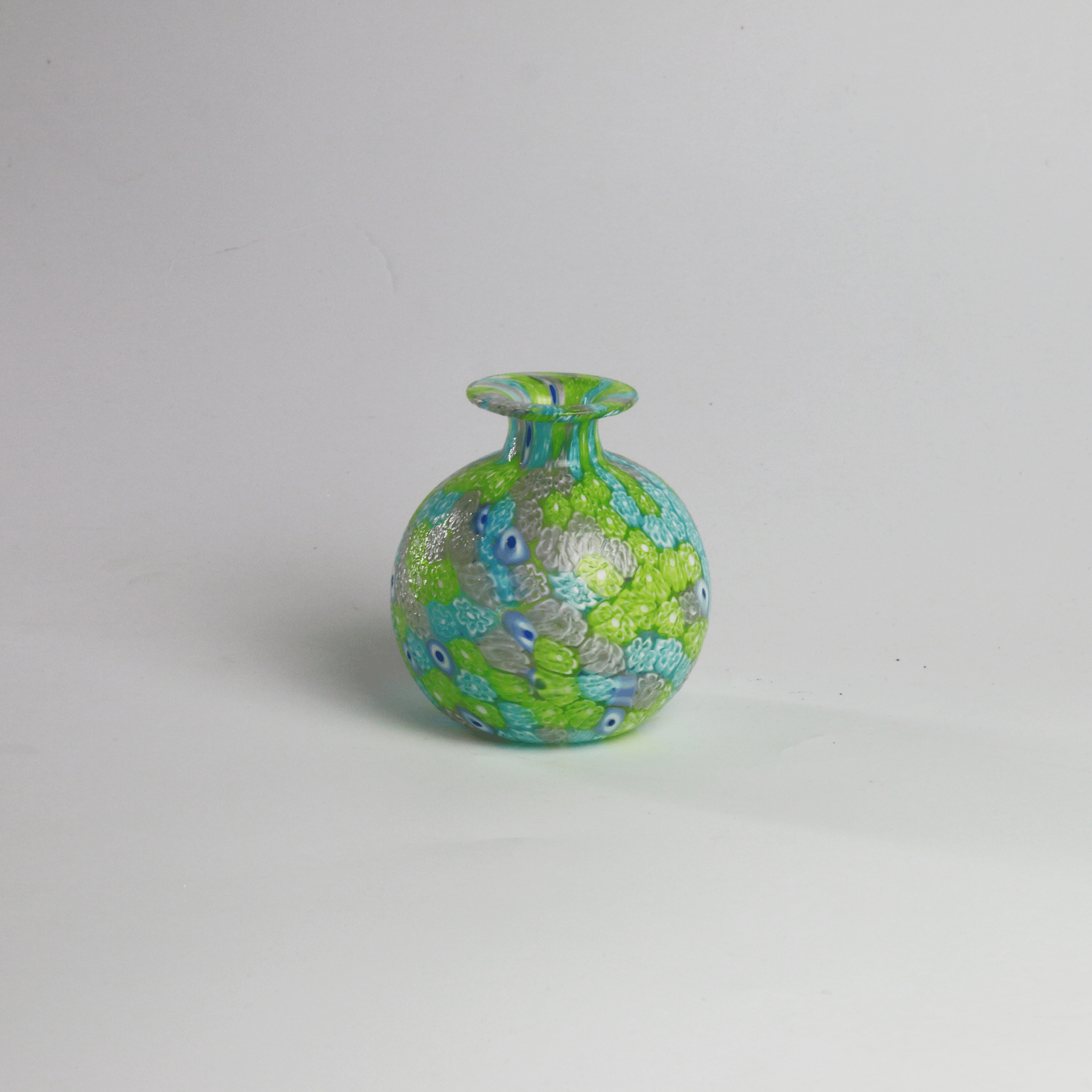 Laguna Fiorita – Murano Glass Spherical Vase with Green , Blue & Pink Floral Murrine