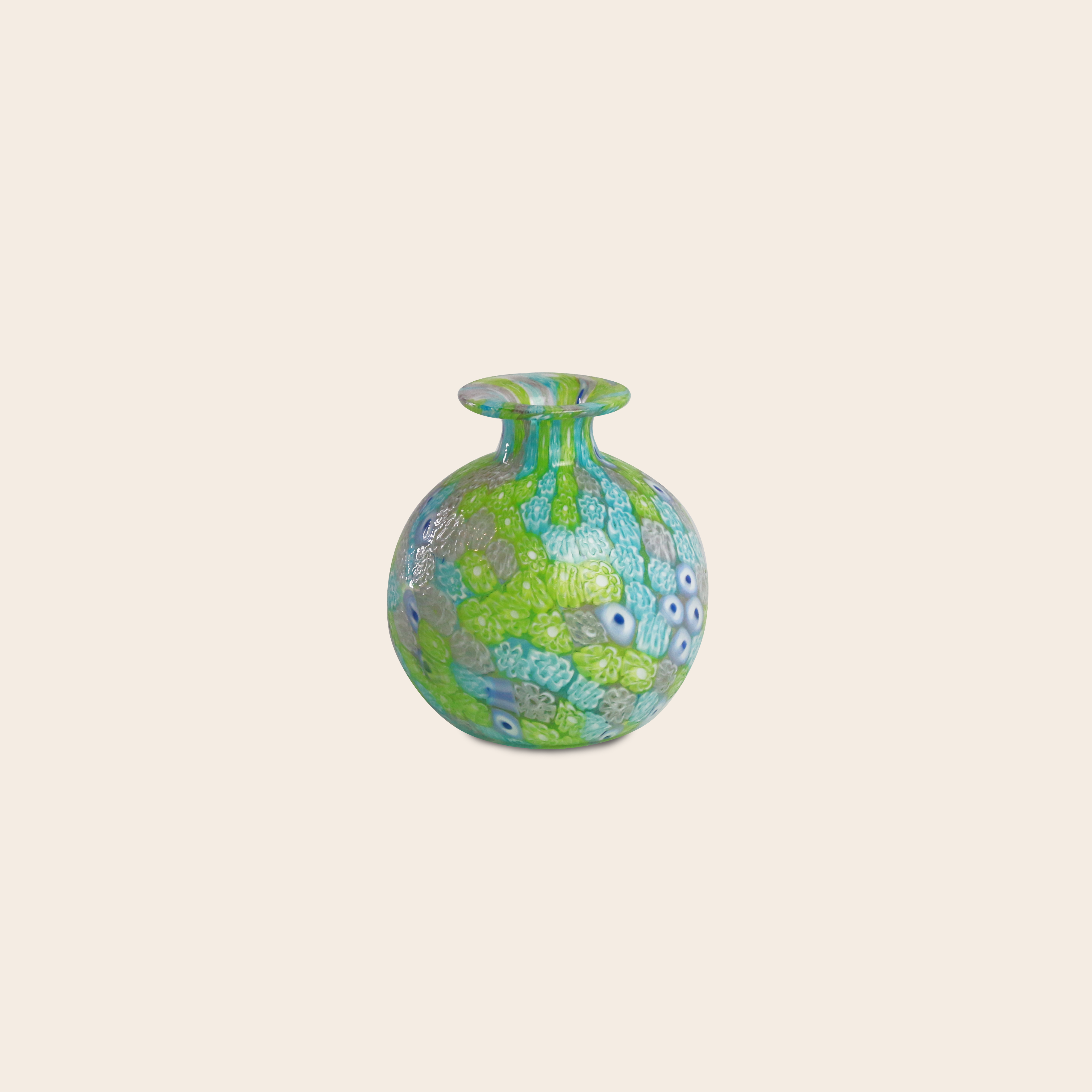 Laguna Fiorita – Murano Glass Spherical Vase with Green , Blue & Pink Floral Murrine