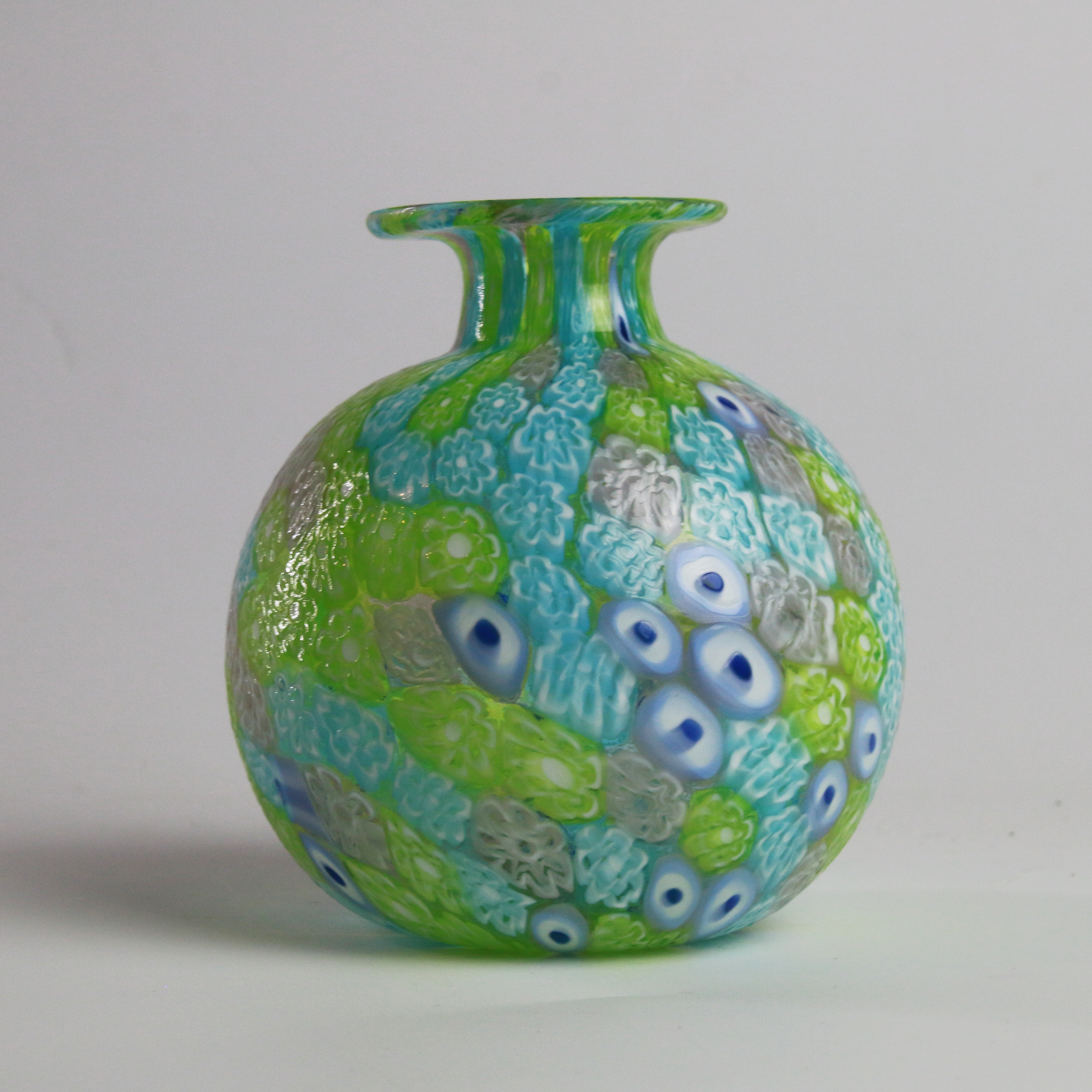 Laguna Fiorita – Murano Glass Spherical Vase with Green , Blue & Pink Floral Murrine