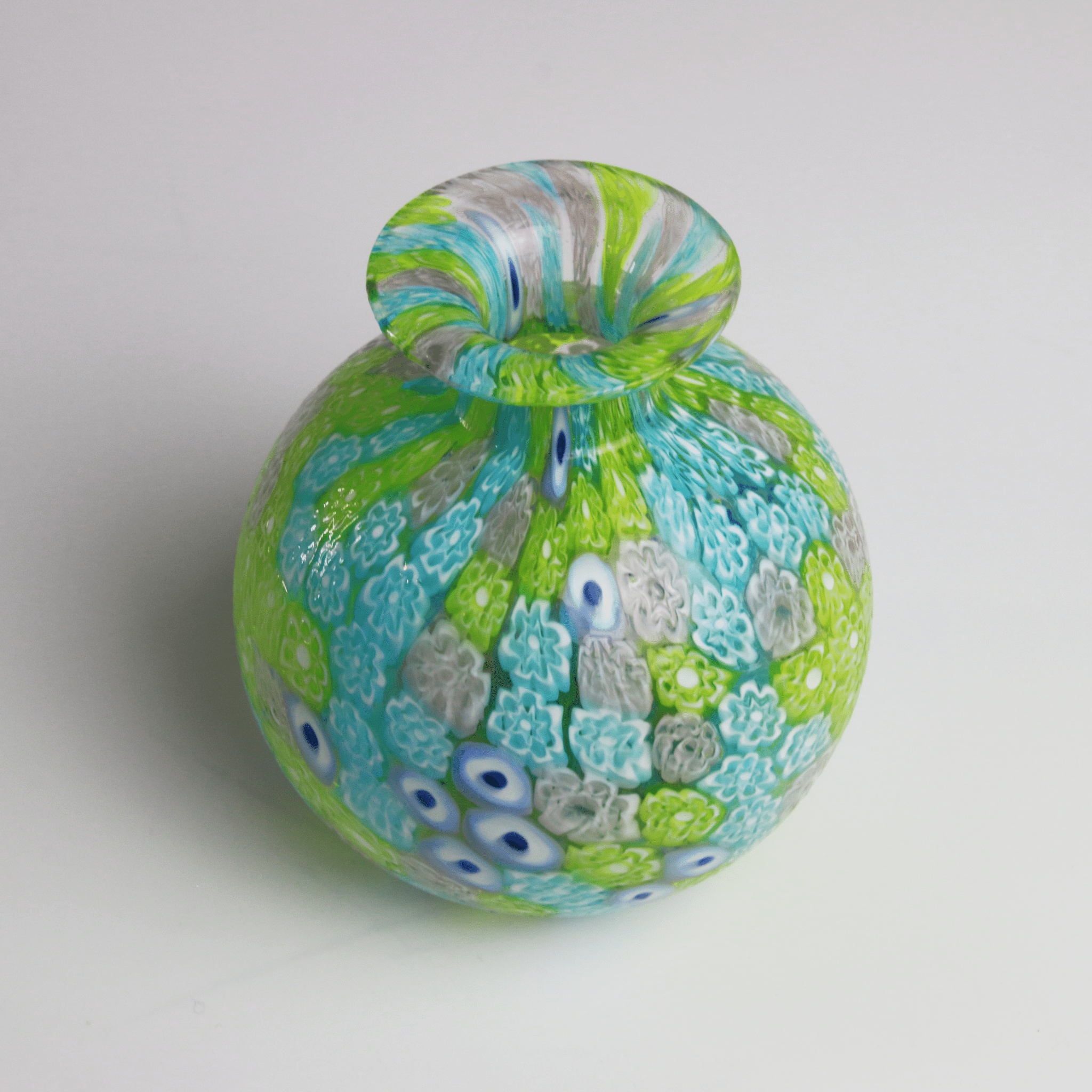 Laguna Fiorita – Murano Glass Spherical Vase with Green , Blue & Pink Floral Murrine