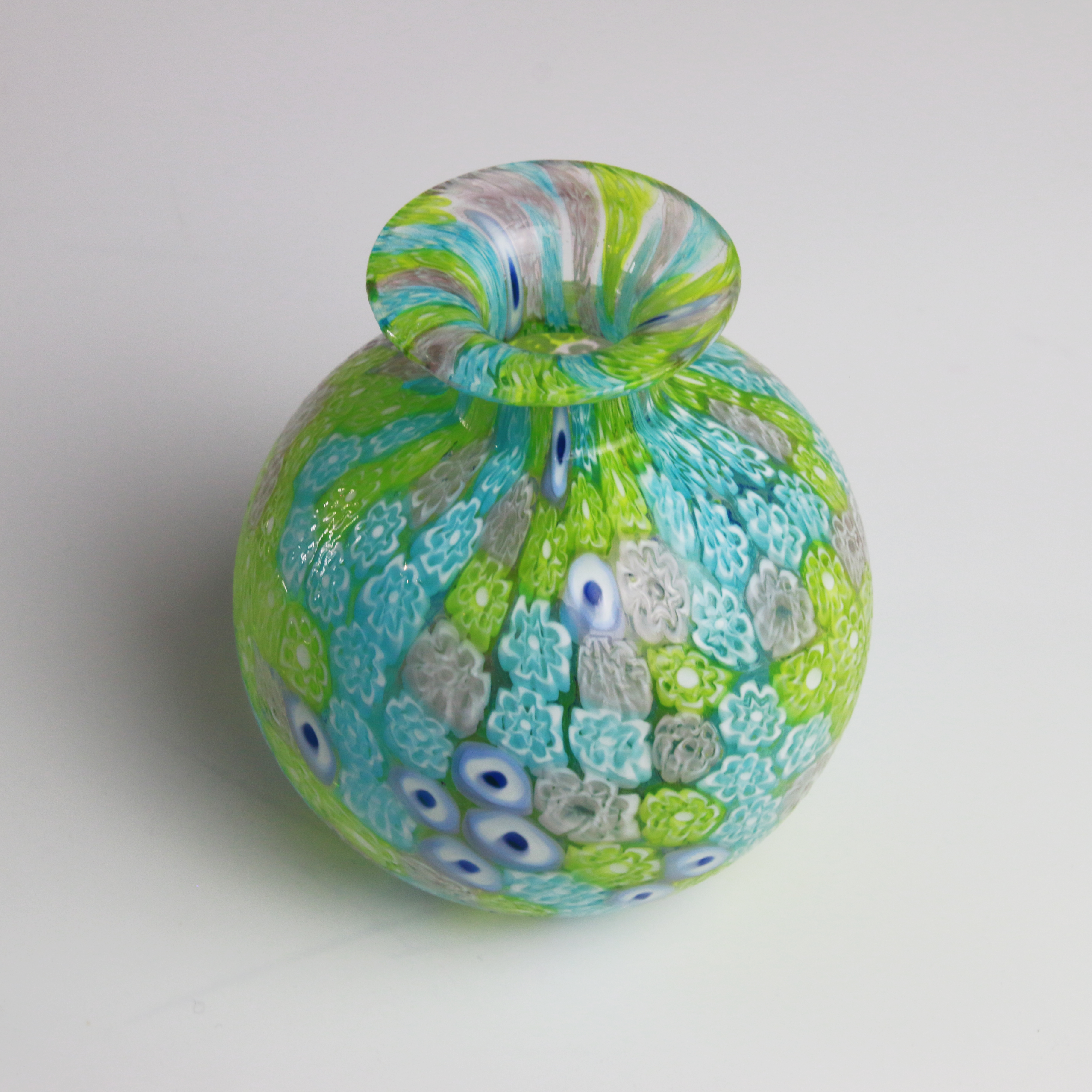 Laguna Fiorita – Murano Glass Spherical Vase with Green , Blue & Pink Floral Murrine