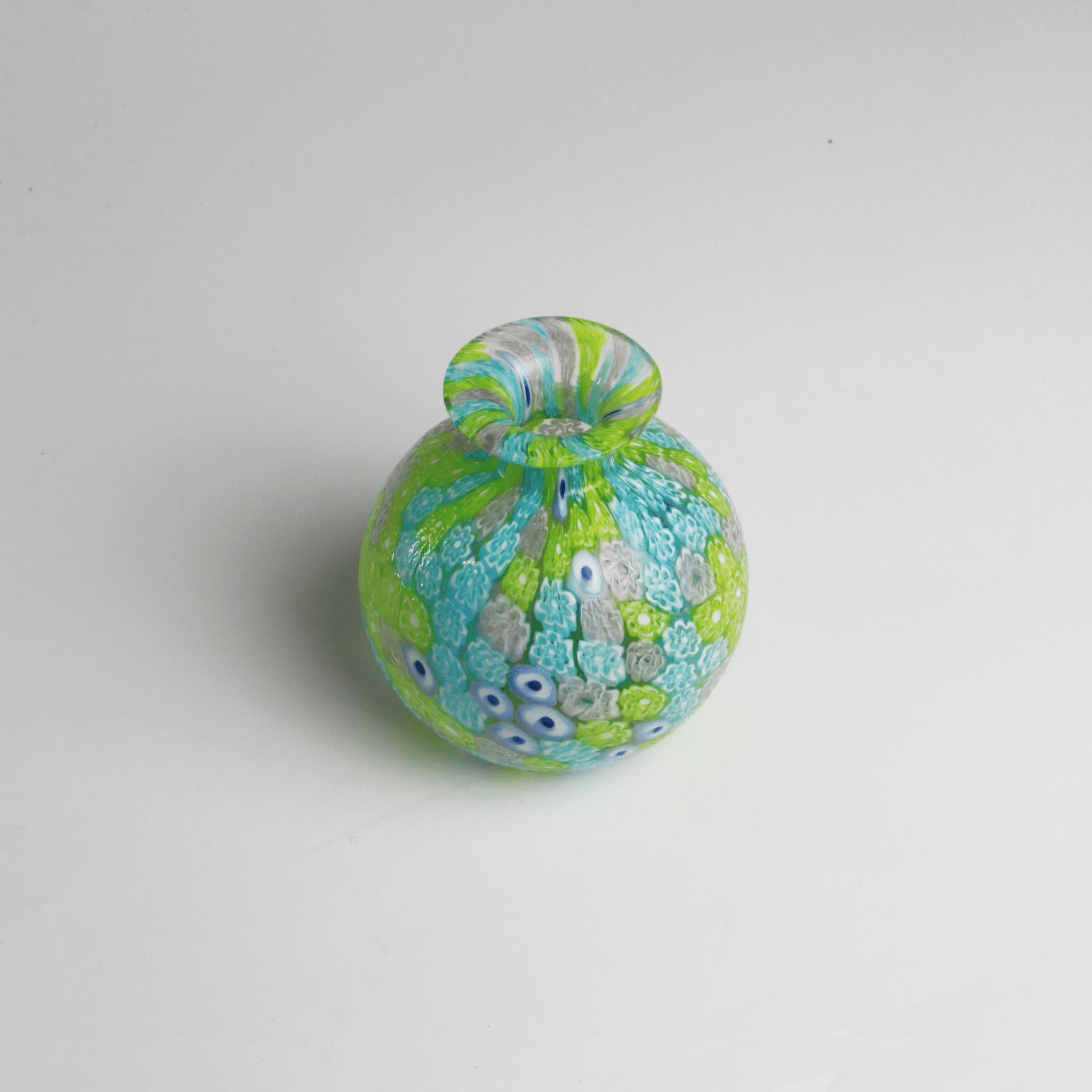 Laguna Fiorita – Murano Glass Spherical Vase with Green , Blue & Pink Floral Murrine