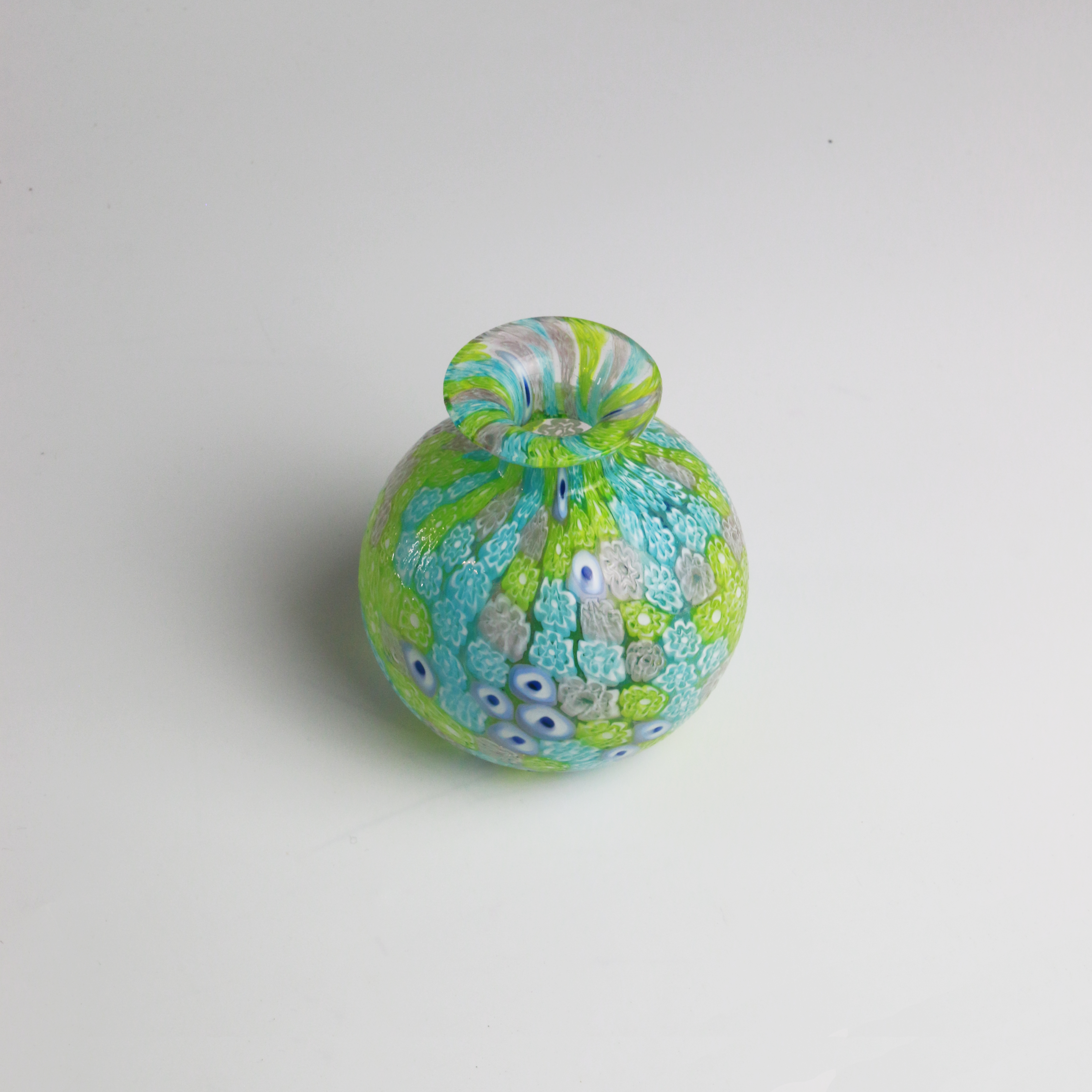 Laguna Fiorita – Murano Glass Spherical Vase with Green , Blue & Pink Floral Murrine