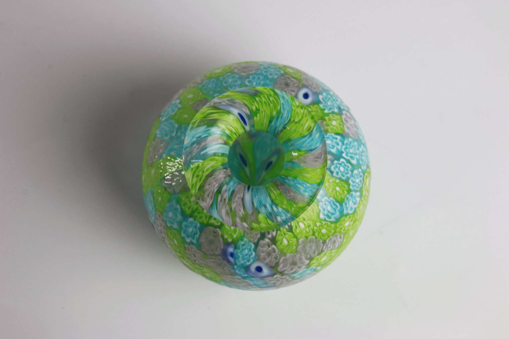 Laguna Fiorita – Murano Glass Spherical Vase with Green , Blue & Pink Floral Murrine