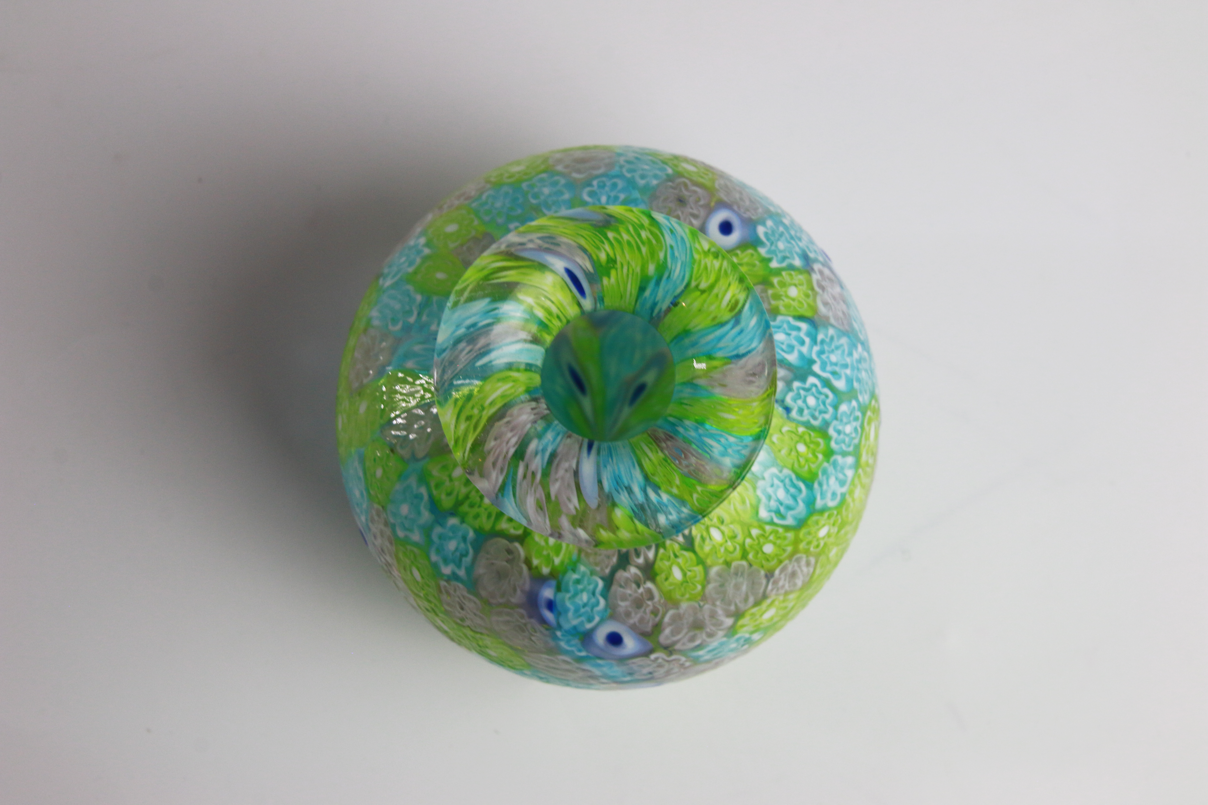 Laguna Fiorita – Murano Glass Spherical Vase with Green , Blue & Pink Floral Murrine