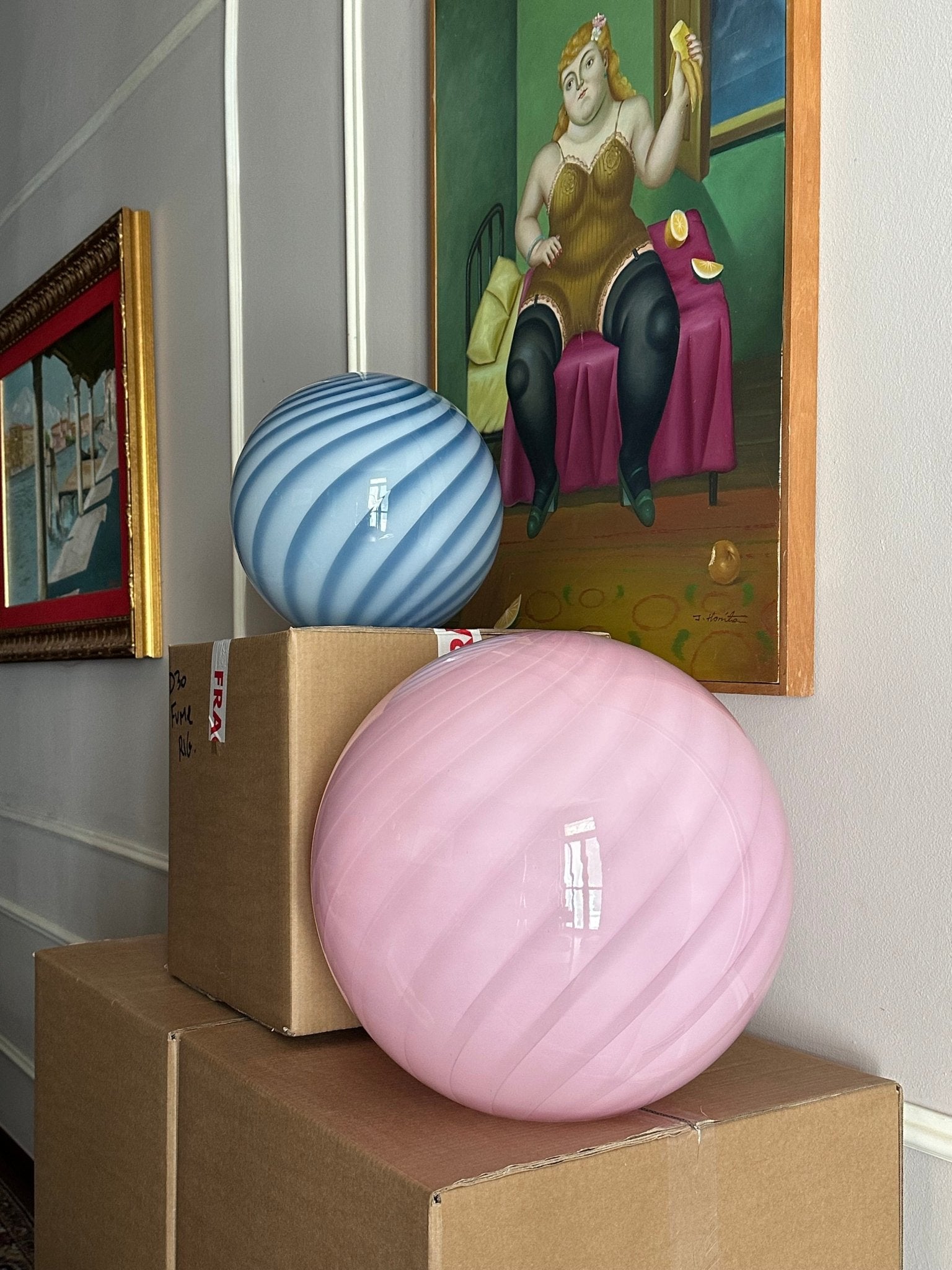 Candy Murano glass sphere pendant lamp blueberry blue swirl D30