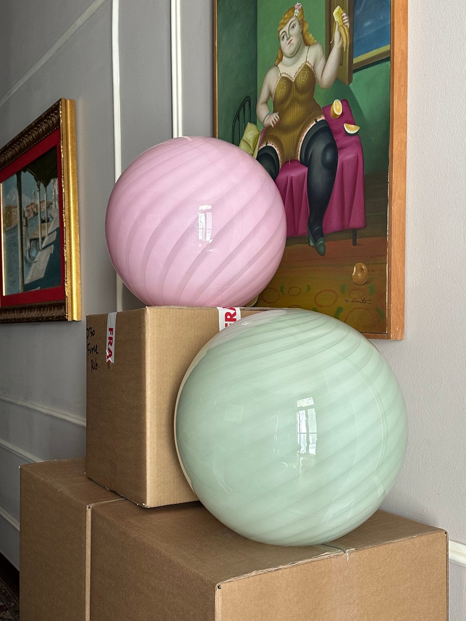 Candy Murano glass sphere pendant lamp soft sage swirl D40