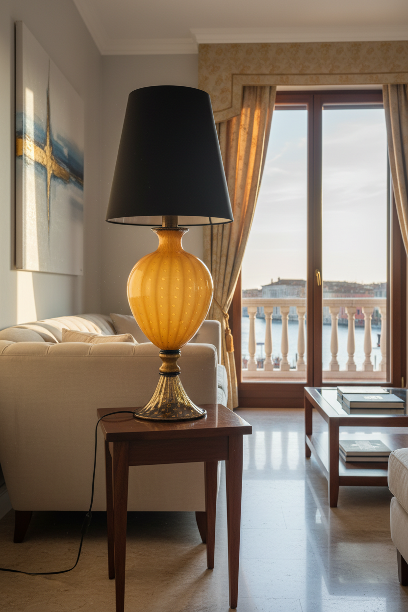 Lampada da tavolo Candy a sfera in vetro di Murano, spirale rossa e bianca D30