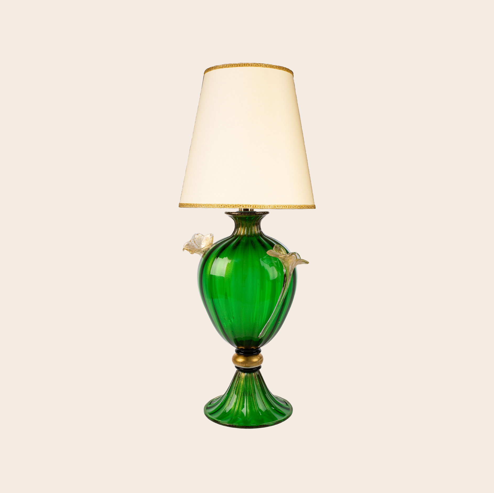 Lampada da tavolo "Venezia" con balloton Oro 24Kt e verde smeraldo con fiori