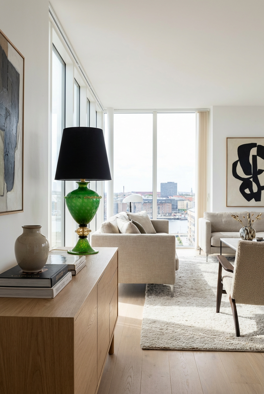 Lampada da tavolo "Venezia" con lavorazione a Balloton, Oro 24Kt e verde smeraldo